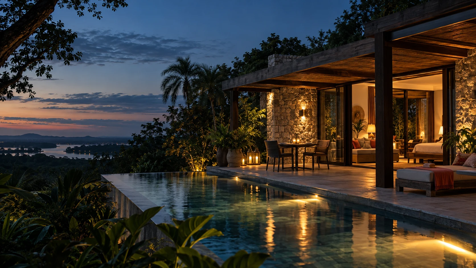 Hotel boutique entre vegetación subtropical al atardecer